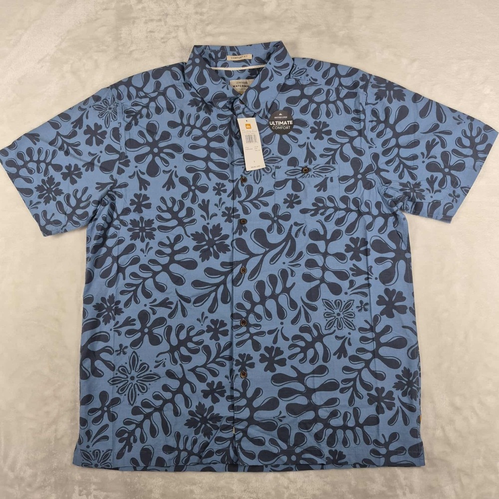 Quiksilver Waterman Button Up Shirt Men's‎ Large Blue Short Sleeve Floral NWT